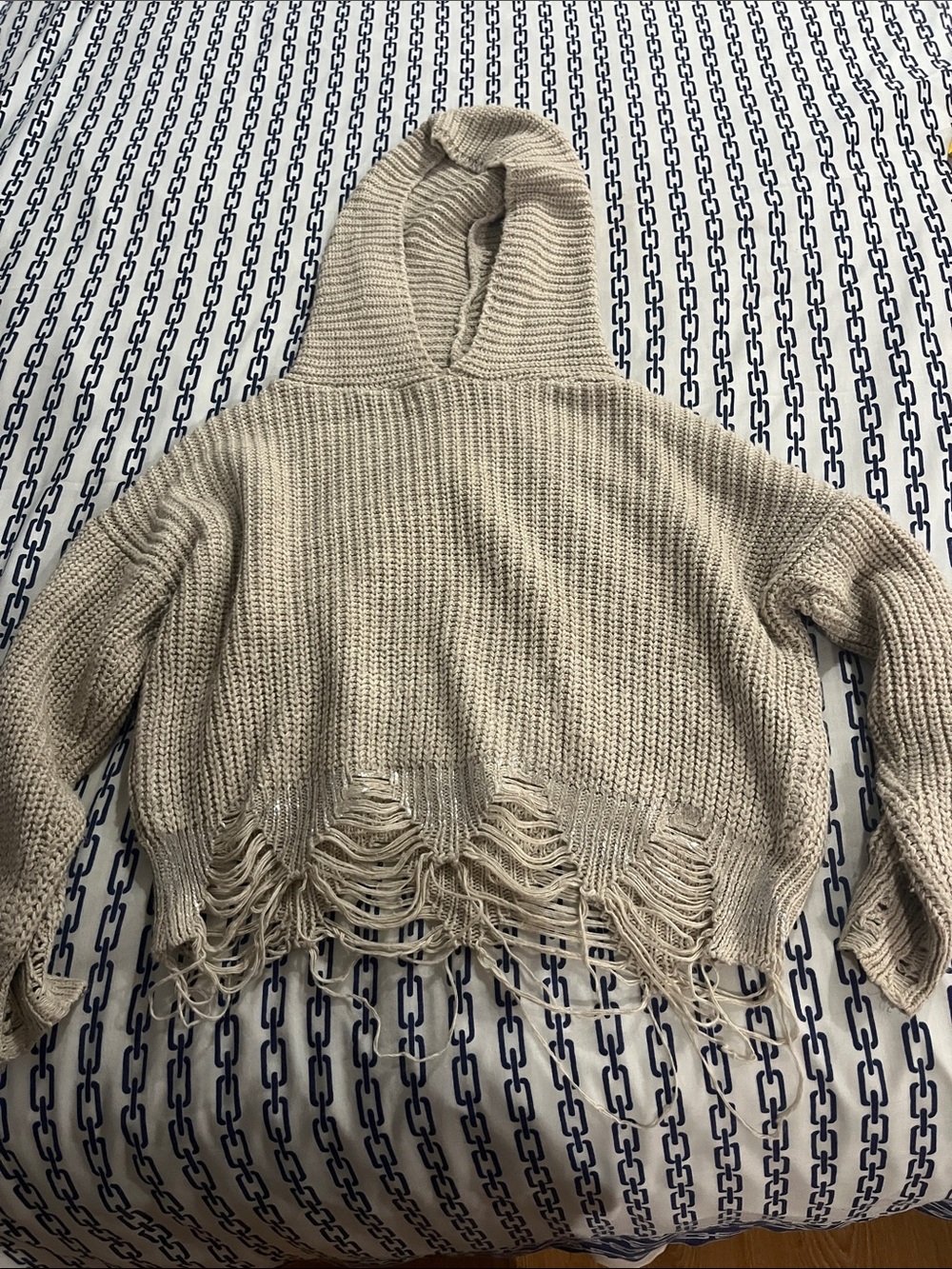 Womens Beige Hooded Distressed Knit Sweater